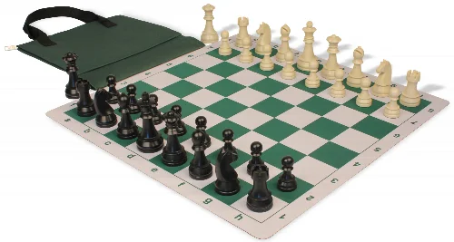 German Knight Easy-Carry Plastic Chess Set Black & Aged Ivory Pieces with Lightweight Floppy Board - Green - Image 1