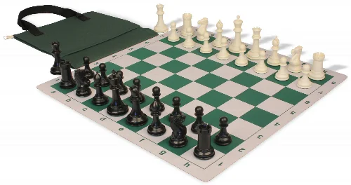 Conqueror Easy-Carry Plastic Chess Set Black & Ivory Pieces with Lightweight Floppy Board - Green - Image 1