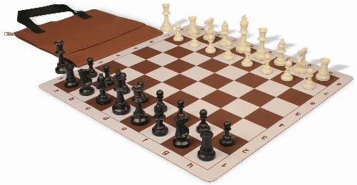 Weighted Standard Club Easy-Carry Plastic Chess Set Black & Ivory Pieces with Lightweight Floppy Board - Brown - Image 1