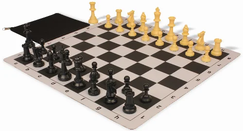 Weighted Standard Club Classroom Plastic Chess Set Black & Camel Pieces with Lightweight Floppy Board - Black - Image 1