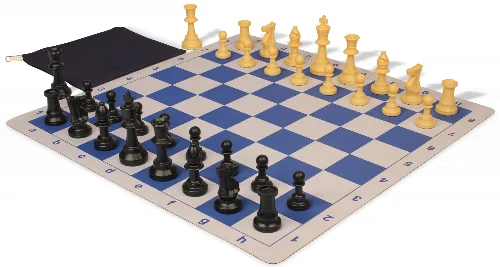 Weighted Standard Club Classroom Plastic Chess Set Black & Camel Pieces with Lightweight Floppy Board - Blue - Image 1