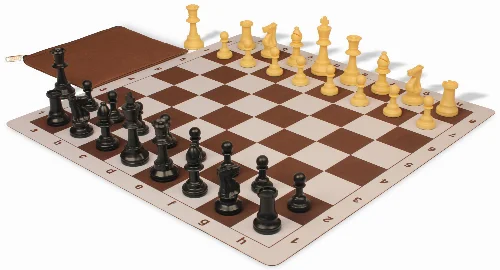 Weighted Standard Club Classroom Plastic Chess Set Black & Camel Pieces with Lightweight Floppy Board - Brown - Image 1