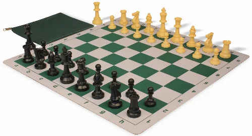 Weighted Standard Club Classroom Plastic Chess Set Black & Camel Pieces with Lightweight Floppy Board - Green - Image 1