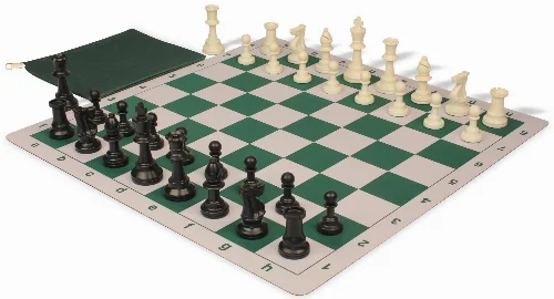 Weighted Standard Club Classroom Plastic Chess Set Black & Ivory Pieces with Lightweight Floppy Board - Green - Image 1