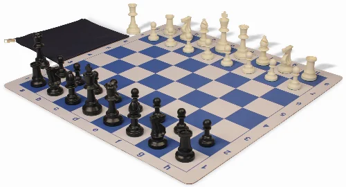 Weighted Standard Club Classroom Plastic Chess Set Black & Ivory Pieces with Lightweight Floppy Board - Blue - Image 1