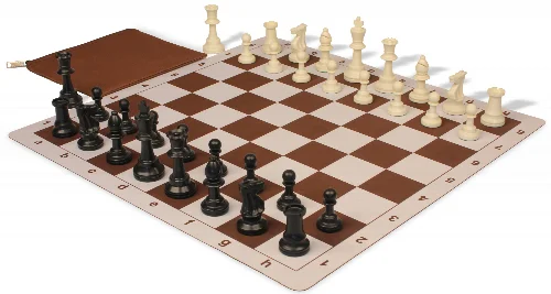 Weighted Standard Club Classroom Plastic Chess Set Black & Ivory Pieces with Lightweight Floppy Board - Brown - Image 1