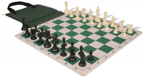 Weighted Standard Club Easy-Carry Plastic Chess Set Black & Ivory Pieces with Lightweight Floppy Board - Green - Image 1