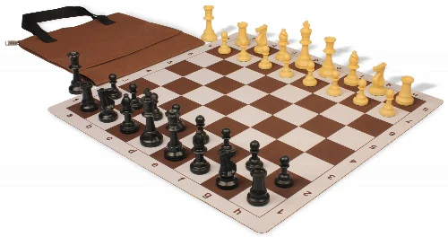 Weighted Standard Club Easy-Carry Plastic Chess Set Black & Camel Pieces with Lightweight Floppy Board - Brown - Image 1