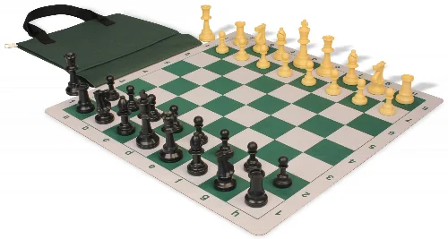 Weighted Standard Club Easy-Carry Plastic Chess Set Black & Camel Pieces with Lightweight Floppy Board - Green - Image 1