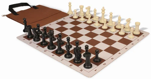 Executive Easy-Cary Plastic Chess Set Black & Ivory Pieces with Lightweight Floppy Board & Bag - Brown - Image 1