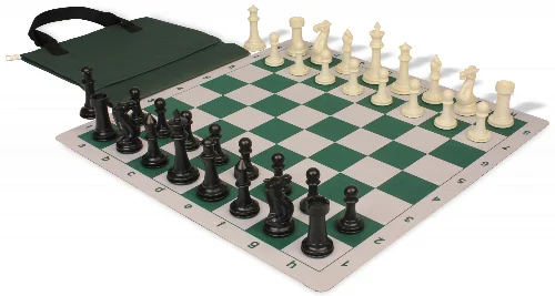 Executive Easy-Cary Plastic Chess Set Black & Ivory Pieces with Lightweight Floppy Board & Bag - Green - Image 1