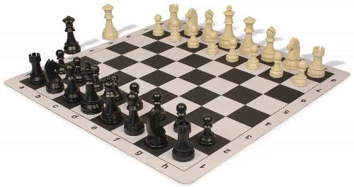 German Knight Plastic Chess Set Black & Aged Ivory Pieces with Lightweight Floppy Board - Black - Image 1