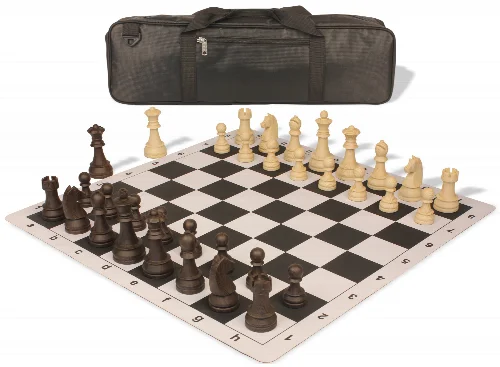 German Knight Carry-All Plastic Chess Set Brown & Natural Wood Grain Pieces with Lightweight Floppy Board - Black - Image 1