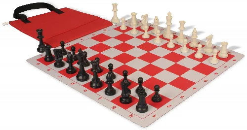 Weighted Standard Club Easy-Carry Plastic Chess Set Black & Ivory Pieces with Lightweight Floppy Board - Red - Image 1