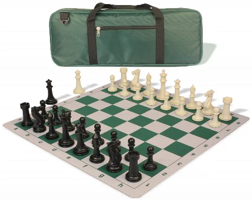 Executive Deluxe Carry-All Plastic Chess Set Black & Ivory Pieces with Lightweight Floppy Board & Bag - Green - Image 1