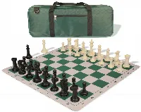 Executive Deluxe Carry-All Plastic Chess Set Black & Ivory Pieces with Lightweight Floppy Board & Bag - Green