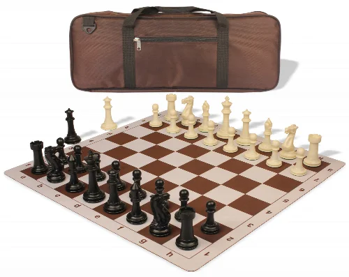 Executive Deluxe Carry-All Plastic Chess Set Black & Ivory Pieces with Lightweight Floppy Board & Bag - Brown - Image 1