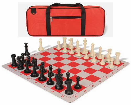 Executive Deluxe Carry-All Plastic Chess Set Black & Ivory Pieces with Lightweight Floppy Board & Bag - Red - Image 1