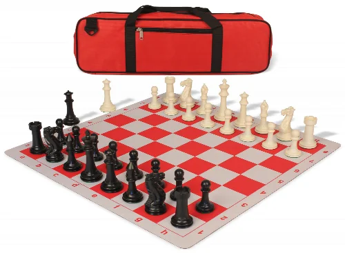 Executive Large Carry-All Plastic Chess Set Black & Ivory Pieces with Lightweight Floppy Board & Bag - Red - Image 1