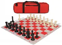 Executive Large Carry-All Plastic Chess Set Black & Ivory Pieces with Lightweight Floppy Board & Bag - Red