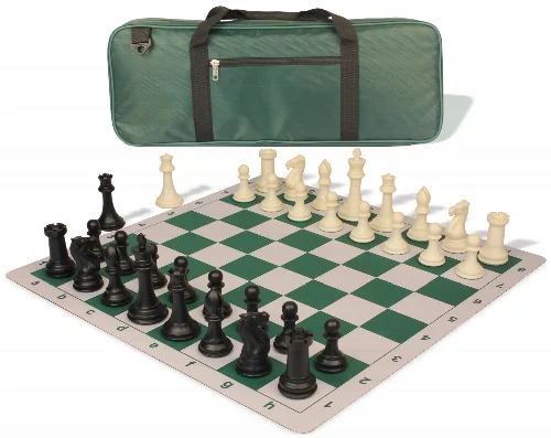 Professional Deluxe Carry-All Plastic Chess Set Black & Ivory Pieces with Lightweight Floppy Board - Green - Image 1
