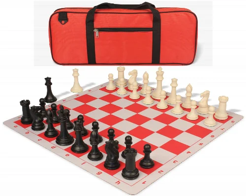 Professional Deluxe Carry-All Plastic Chess Set Black & Ivory Pieces with Lightweight Floppy Board - Red - Image 1