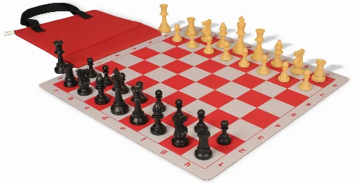 Weighted Standard Club Easy-Carry Plastic Chess Set Black & Camel Pieces with Lightweight Floppy Board - Red - Image 1