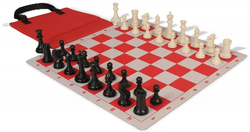 Conqueror Easy-Carry Plastic Chess Set Black & Ivory Pieces with Lightweight Floppy Board - Red - Image 1