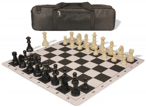 German Knight Carry-All Plastic Chess Set Black & Aged Ivory Pieces with Lightweight Floppy Board - Black - Image 1