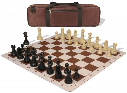 German Knight Carry-All Plastic Chess Set Black & Aged Ivory Pieces with Lightweight Floppy Board - Brown - Image 1