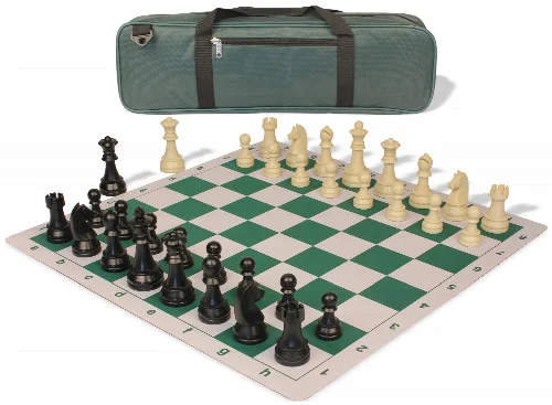 German Knight Carry-All Plastic Chess Set Black & Aged Ivory Pieces with Lightweight Floppy Board - Green - Image 1