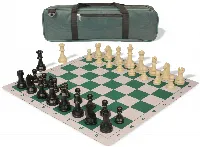 German Knight Carry-All Plastic Chess Set Black & Aged Ivory Pieces with Lightweight Floppy Board - Green