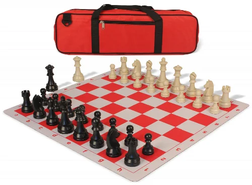 German Knight Large Carry-All Plastic Chess Set Black & Aged Ivory Pieces with Lightweight Floppy Board - Red - Image 1