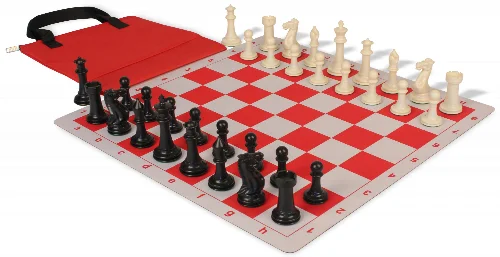 Executive Easy-Cary Plastic Chess Set Black & Ivory Pieces with Lightweight Floppy Board & Bag - Red - Image 1