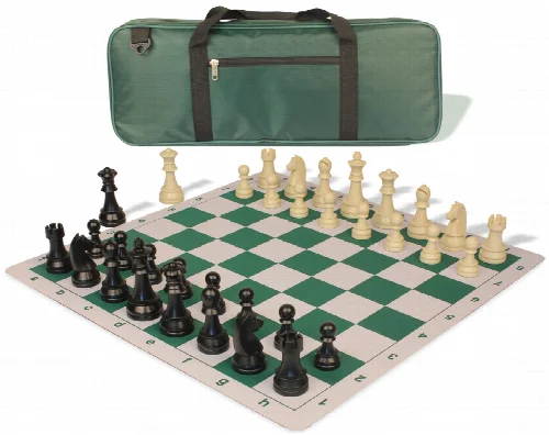 German Knight Deluxe Carry-All Plastic Chess Set Black & Aged Ivory Pieces with Lightweight Floppy Board - Green - Image 1