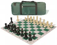 German Knight Deluxe Carry-All Plastic Chess Set Black & Aged Ivory Pieces with Lightweight Floppy Board - Green
