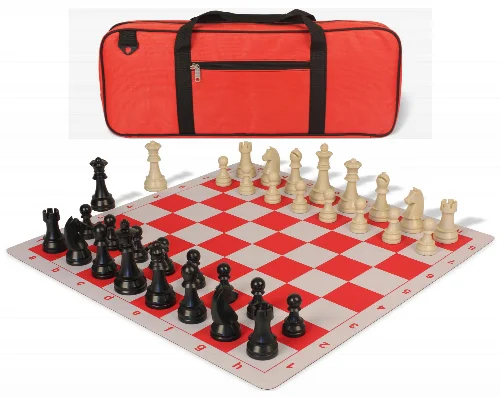 German Knight Deluxe Carry-All Plastic Chess Set Black & Aged Ivory Pieces with Lightweight Floppy Board - Red - Image 1