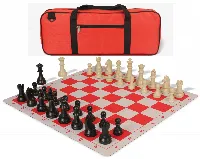 German Knight Deluxe Carry-All Plastic Chess Set Black & Aged Ivory Pieces with Lightweight Floppy Board - Red