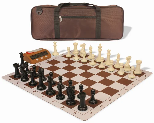 Executive Deluxe Carry-All Plastic Chess Set Black & Ivory Pieces with Clock & Lightweight Floppy Board & Bag - Brown - Image 1