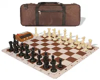 Executive Deluxe Carry-All Plastic Chess Set Black & Ivory Pieces with Clock & Lightweight Floppy Board & Bag - Brown
