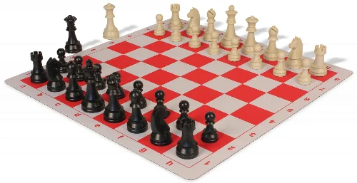 German Knight Plastic Chess Set Black & Aged Ivory Pieces with Lightweight Floppy Board - Red - Image 1