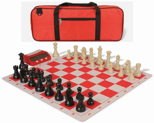 German Knight Deluxe Carry-All Plastic Chess Set Black & Aged Ivory Pieces with Clock & Lightweight Floppy Board - Red - Image 1