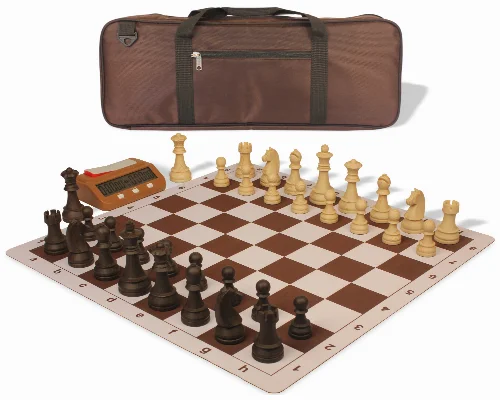 German Knight Deluxe Carry-All Plastic Chess Set Wood Grain Pieces with Clock & Lightweight Floppy Board - Brown - Image 1