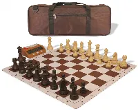 German Knight Deluxe Carry-All Plastic Chess Set Wood Grain Pieces with Clock & Lightweight Floppy Board - Brown