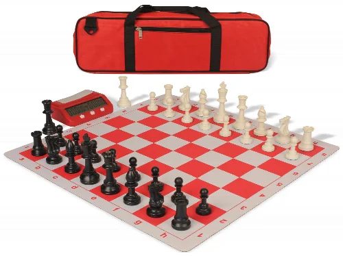 Weighted Standard Club Large Carry-All Plastic Chess Set Black & Ivory Pieces with Bag, Clock, & Lightweight Floppy Board - Red - Image 1