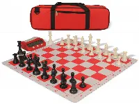 Weighted Standard Club Large Carry-All Plastic Chess Set Black & Ivory Pieces with Bag, Clock, & Lightweight Floppy Board - Red