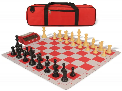 Weighted Standard Club Large Carry-All Plastic Chess Set Black & Camel Pieces with Bag, Clock, & Lightweight Floppy Board - Red - Image 1