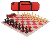Weighted Standard Club Large Carry-All Plastic Chess Set Black & Camel Pieces with Bag, Clock, & Lightweight Floppy Board - Red