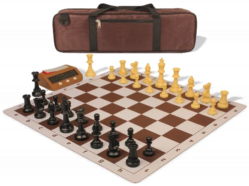 Weighted Standard Club Large Carry-All Plastic Chess Set Black & Camel Pieces with Bag, Clock, & Lightweight Floppy Board - Brown - Image 1