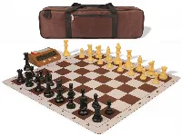 Weighted Standard Club Large Carry-All Plastic Chess Set Black & Camel Pieces with Bag, Clock, & Lightweight Floppy Board - Brown